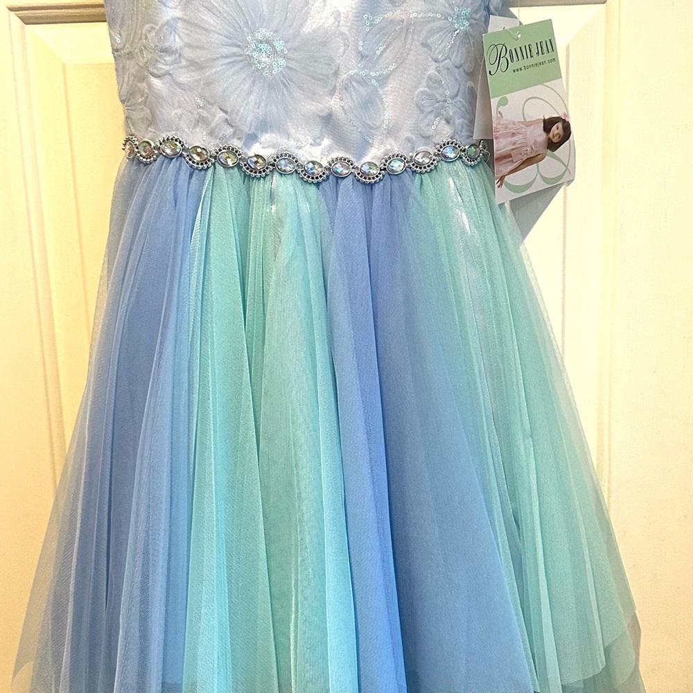 NWT Size 8 Bonnie Jean Blue and Aqua Floral Lace Tulle Dress